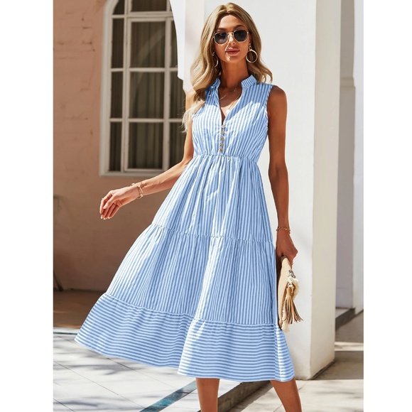 Striped Blue White V-Neck Midi Dress Sleeveless Fit & Flared - Picture 3 of 8